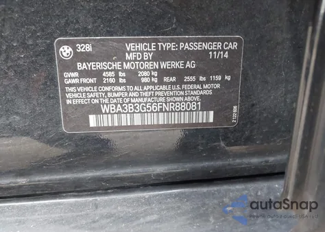 2015 BMW 328I xDrive from USA, damaged, VIN WBA3B3G56FNR88081